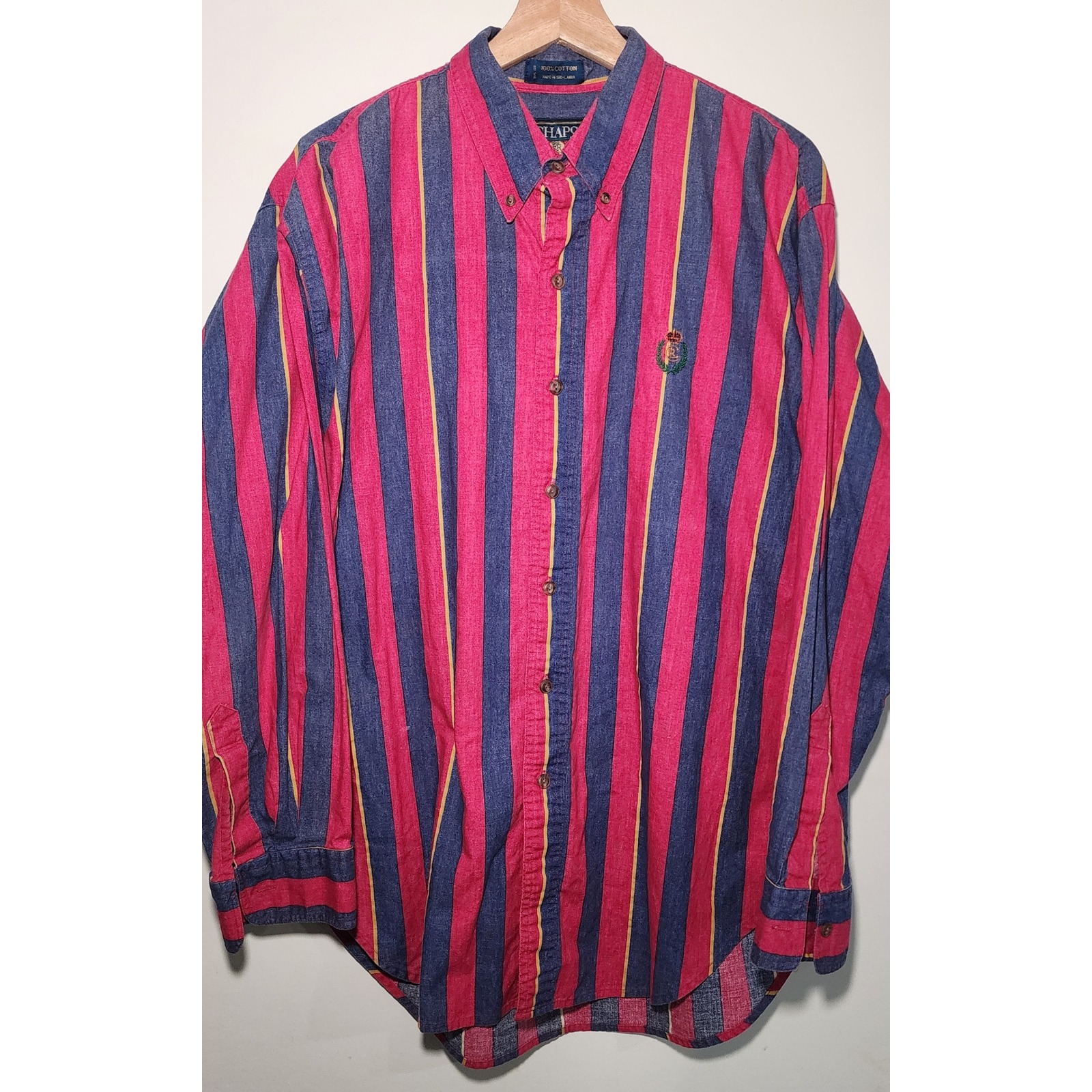 Vtg Chaps Ralph Lauren Mens Large Striped Button Down Shirt Pink Blue Yellow